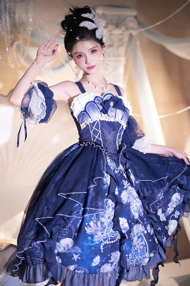 Blue [Deep Sea Jellyfish] Print Ruffle Lace Sweet Elegant Lolita Jsk Dress