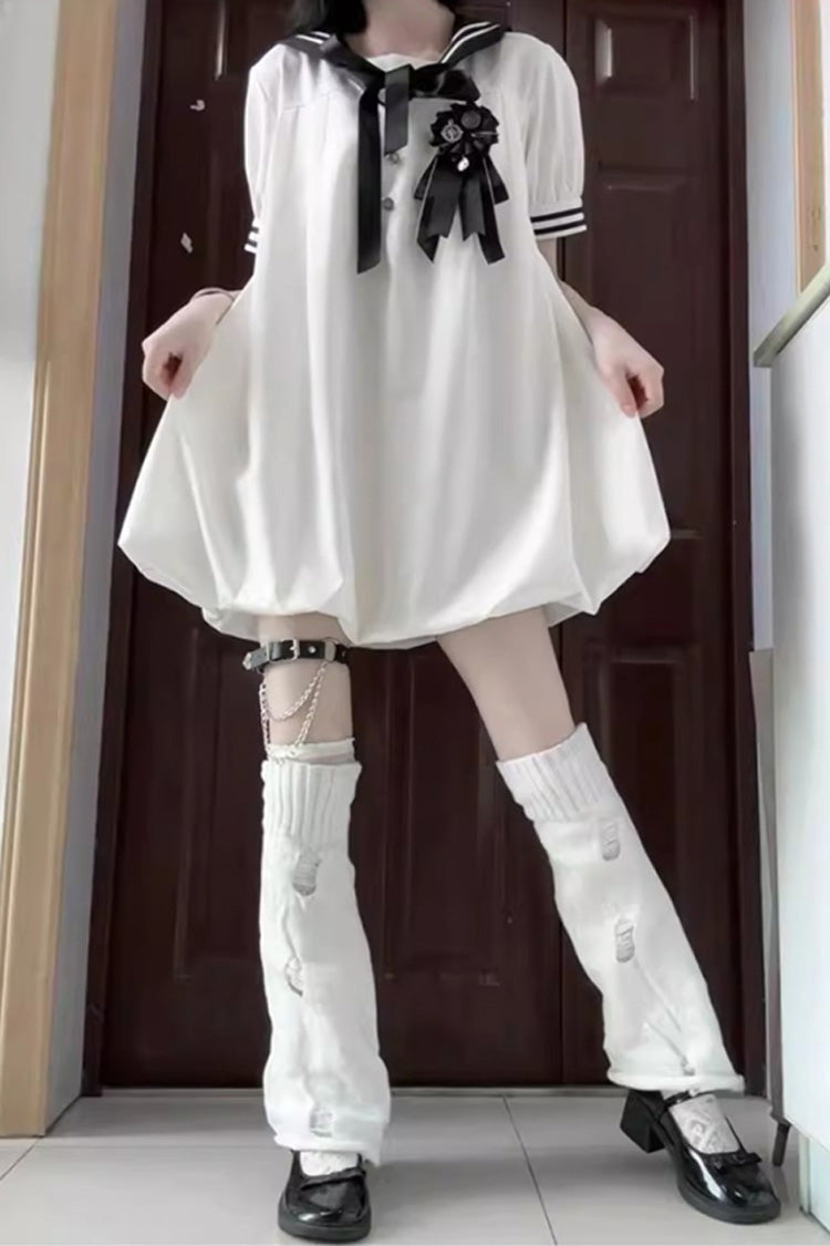 Black/White [Old Stories] Navy Collar Short Sleeves Bowknot Sweet Lolita Dress
