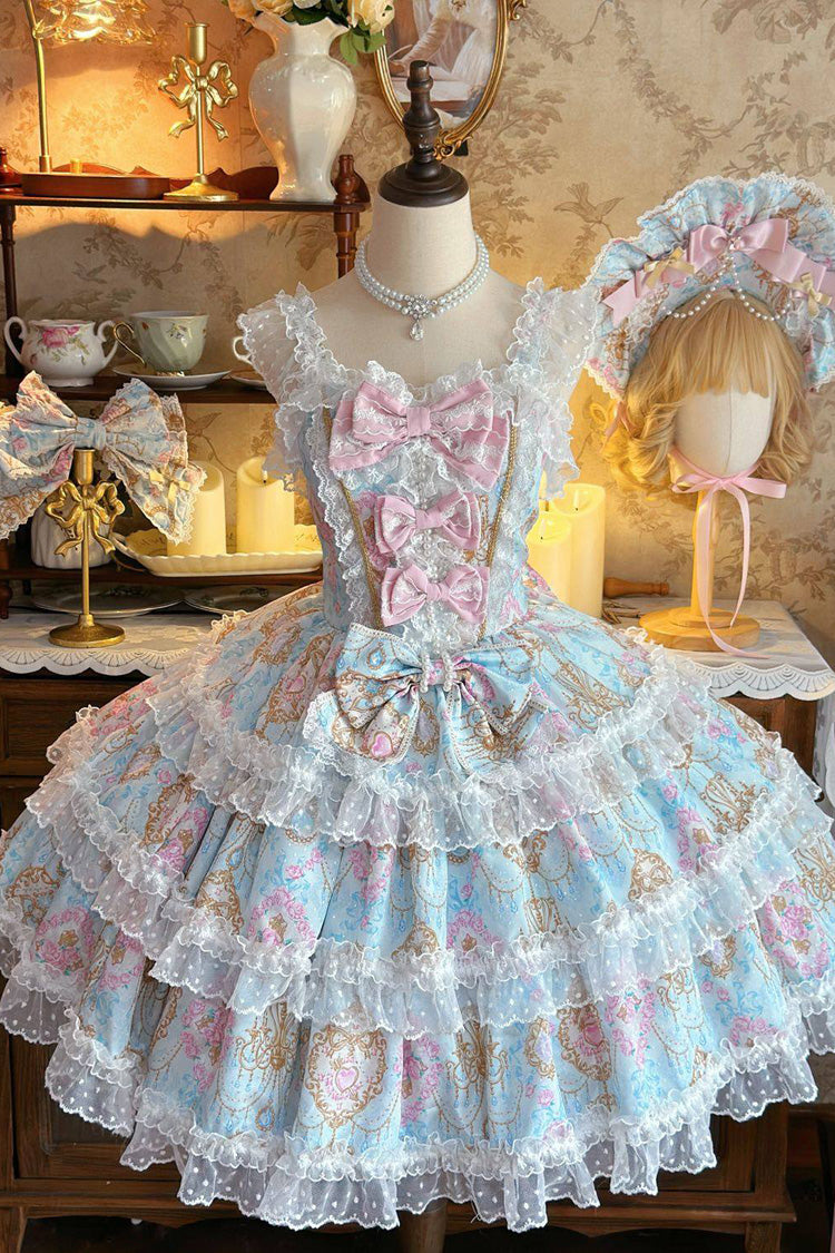 Blue [Candelabrum Elegy] Sleeveless Triple-Layered Flower Wall Printed Ruffled Bow Lace Sweet Lolita Jsk Dress