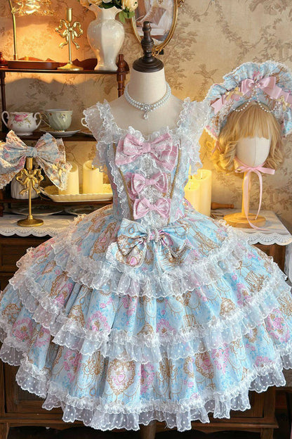 Blue [Candelabrum Elegy] Sleeveless Triple-Layered Flower Wall Printed Ruffled Bow Lace Sweet Lolita Jsk Dress