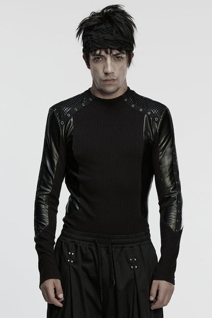 Black Round Collar Long Sleeves Spliced Eyelet Men's Punk T-Shirt