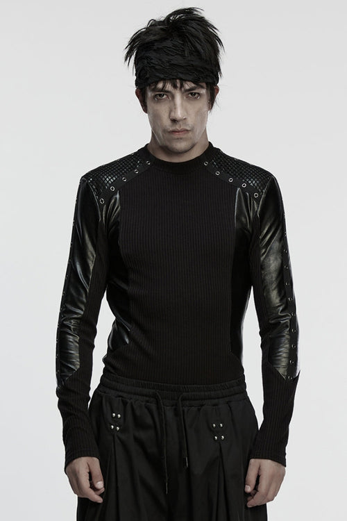 Black Round Collar Long Sleeves Spliced Eyelet Men's Punk T-Shirt
