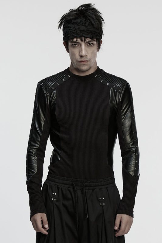 Black Round Collar Long Sleeves Spliced Eyelet Men's Punk T-Shirt