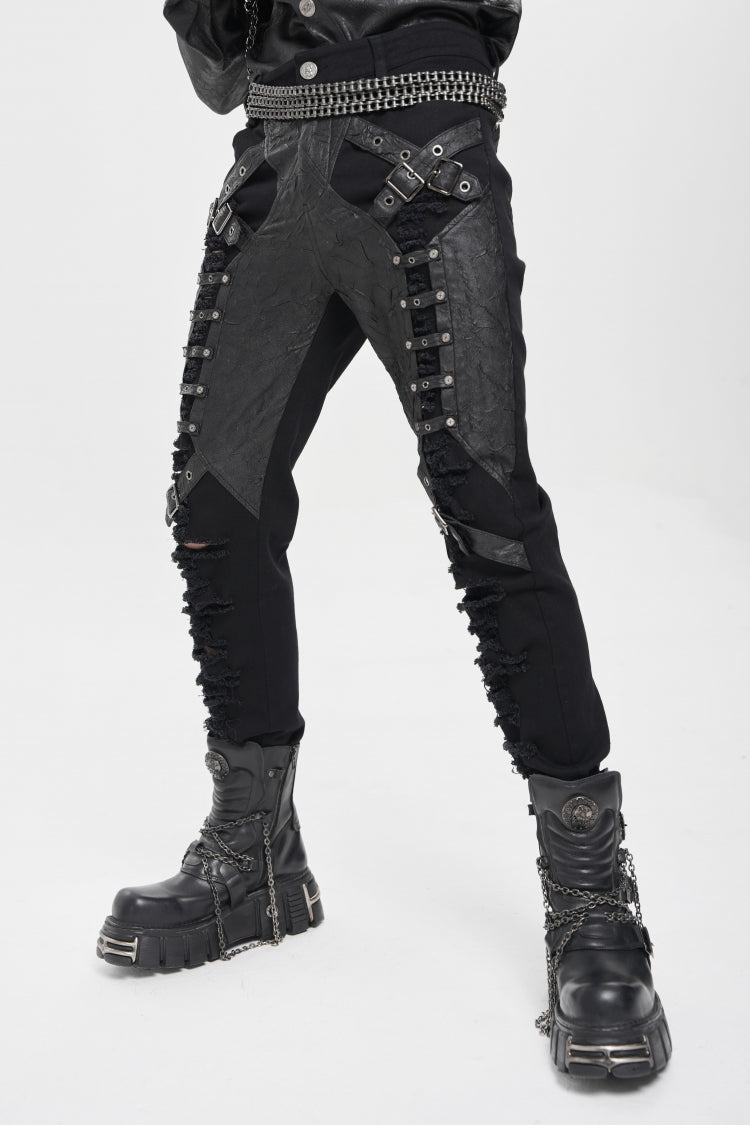 Black Ripped Buckle Straps Men's Punk Pants