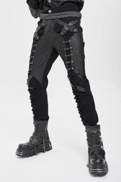 Black Ripped Buckle Straps Men's Punk Pants