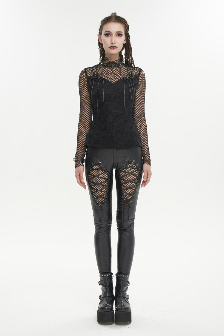 Black Turtleneck Adjustable Faux Suspenders Textured Knit Mesh Women's Punk T-Shirt
