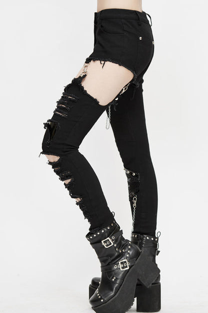 Black Punk Asymmetrical Spliced Broken Hole With Chains Womens Pants