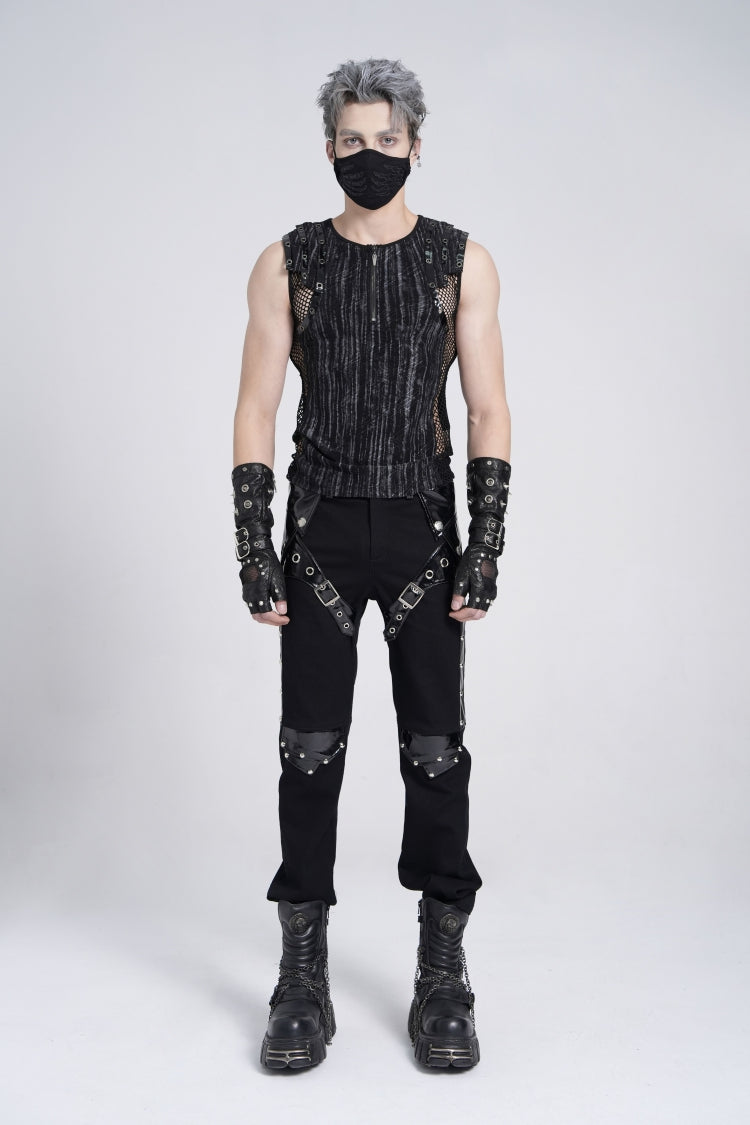 Black Sleeveless Ribbed Print Stitching Mesh Zipper Men's Gothic Vest