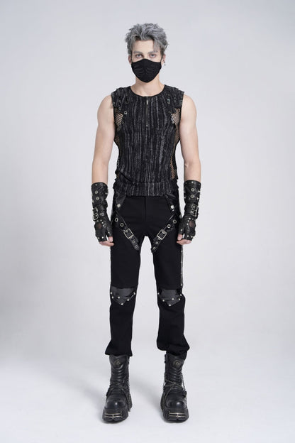 Black Sleeveless Ribbed Print Stitching Mesh Zipper Men's Gothic Vest