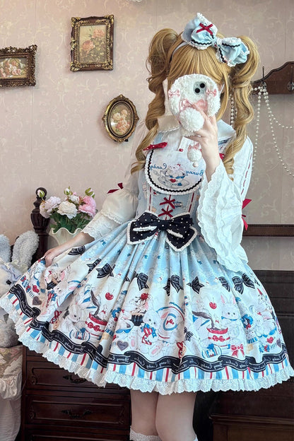 Blue [Mystery Rabbit Tea Party] Sleeveless Print Ruffle Bowknot Lace Sweet Lolita Jsk Dress