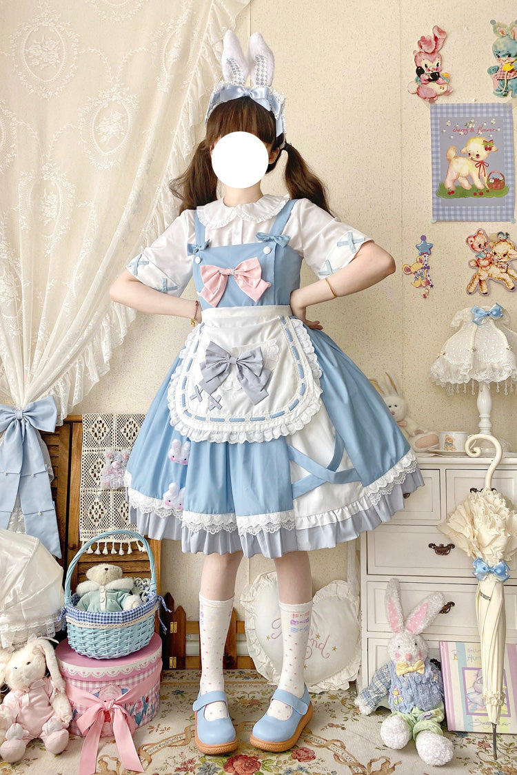 Blue [Picnic Rabbit] Ruffle Bowknot Lace Daily Sweet Lolita Jsk Dress Set