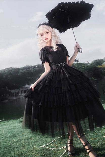 Black Twin Ivory Towers Short Sleeves Five-Layered Ruffle Gothic Lolita Dress