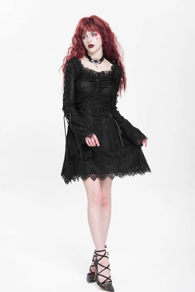 Black Square Collar Long Trumpet Sleeves Embroidered Lace-Up Women's Gothic Dress