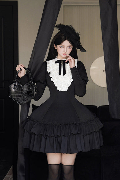 Black [Miss Weir] Stand Collar Long Sleeves Double-Layered Ruffle Gothic Lolita Dress