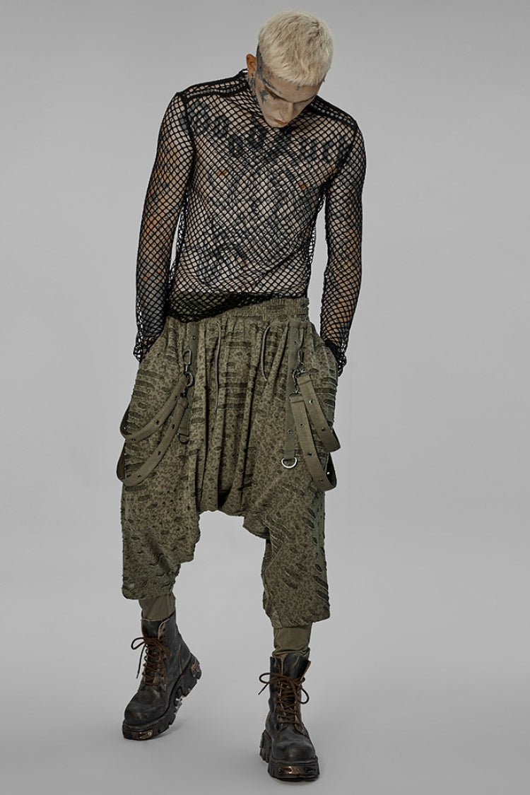 Green Ripped Men's Punk Sagging Pants with Straps