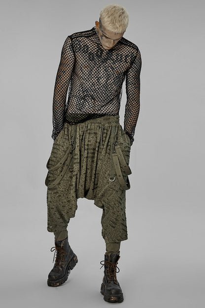 Green Ripped Men's Punk Sagging Pants with Straps