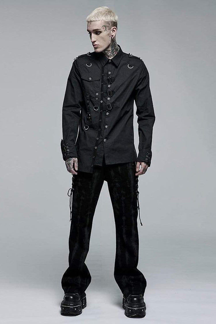 Black Punk Asymmetric Hem Personality Metal Buckle Decorative Soft Long Sleeve Men's Shirt