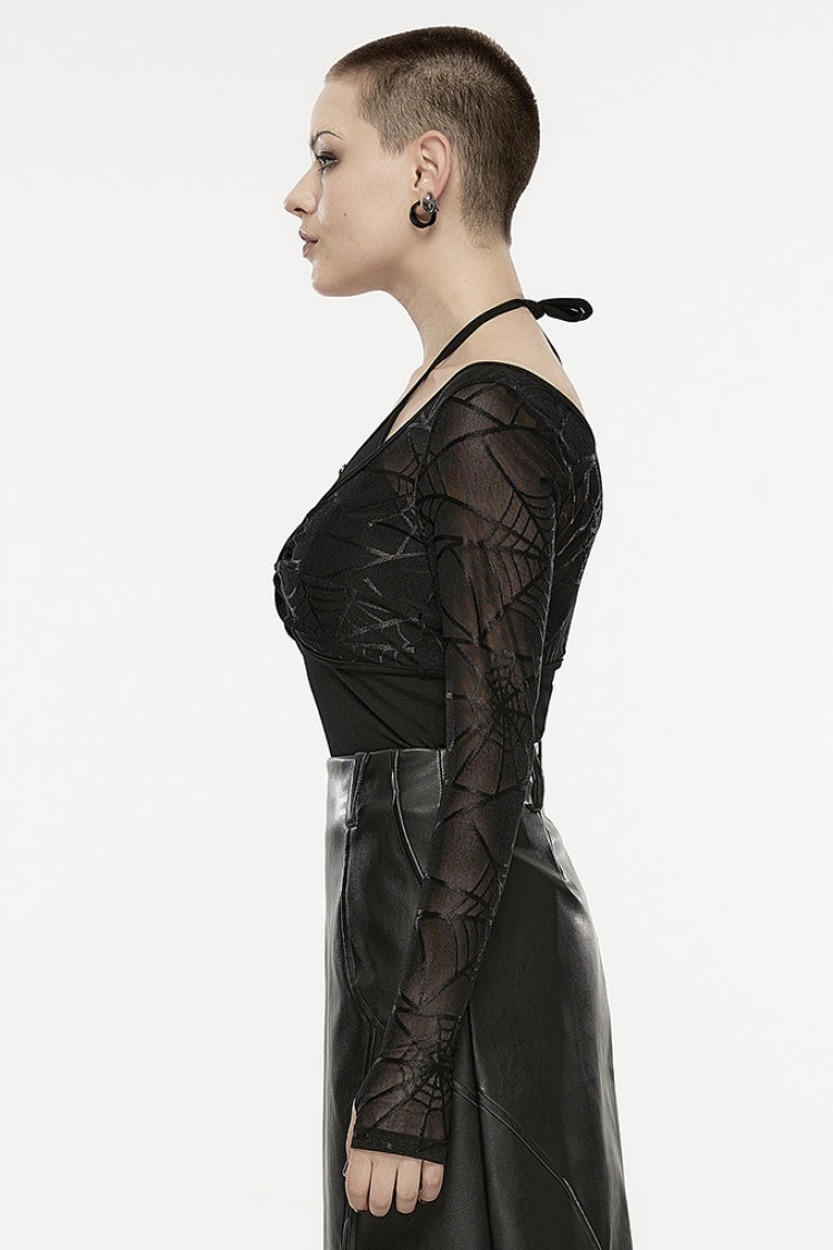 Black Spider Web Print Hollow Halter Neck Women's Punk Two-Piece Set (T-Shirt and Vest)