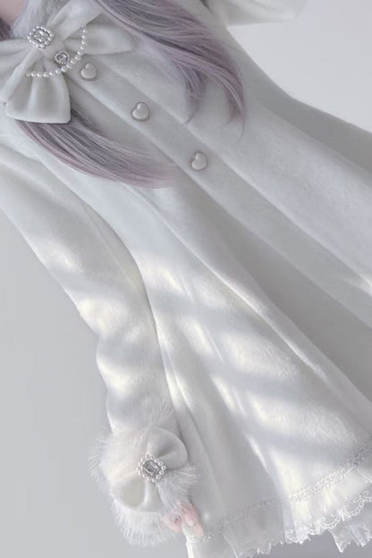 Ivory Long Sleeves Bowknot Rabbit Ears Detachable Hooded Japanese Jirai Kei Coat
