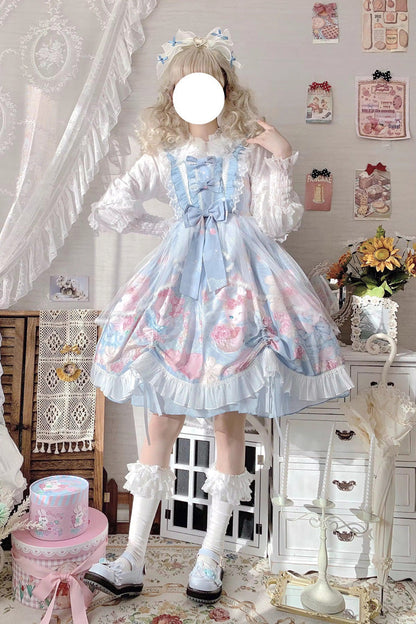 Blue Sleeveless High Waisted Rabbit Print Ruffle Bowknot Sweet Lolita Jsk Dress