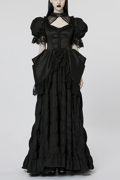 Black Short Puff Sleeves Ruffle Hanayome Stitching Lace Women's Gothic Dress