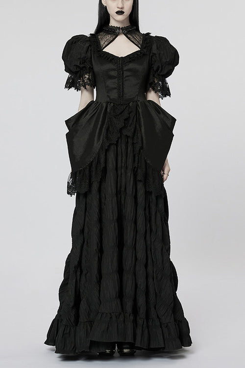 Black Short Puff Sleeves Ruffle Hanayome Stitching Lace Women's Gothic Dress