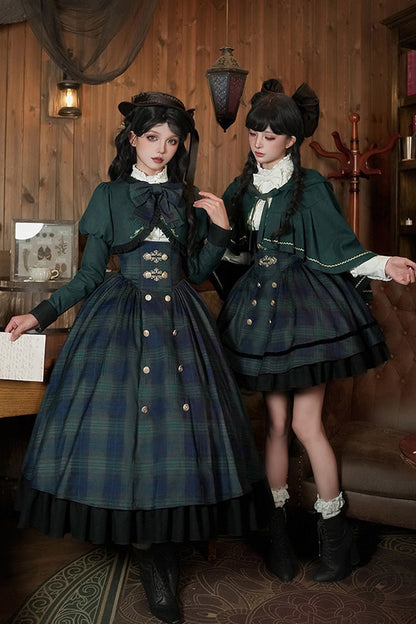 Blue/Green [Berlin's letter] Double-Layered Plaid Print Ruffle Bowknot Classic College Style Lolita Strap Dress Set 2 Versions