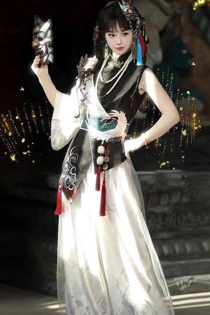 Black/White Stand Collar Single Long Sleeve Printed Embroidered Asymmetric Chinese Style Ouji Set