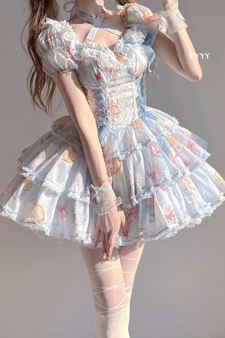 Blue Short Sleeves Multi-layer Cookie Bunny Print Bowknot Sweet Lolita Dress