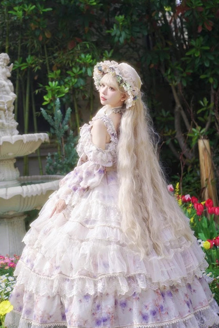 Blue [Rose Letter] Off Shoulder Triple-Layered Print Ruffle Hanayome Sweet Princess Lolita Dress