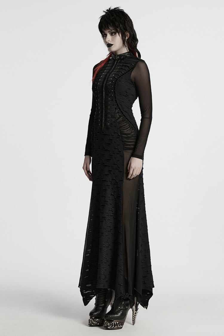 Black Stand Collar Long Sleeves Stitching Mesh Ripped Women's Punk Fishtailed Dress