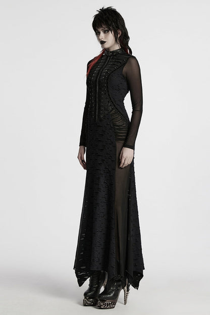 Black Stand Collar Long Sleeves Stitching Mesh Ripped Women's Punk Fishtailed Dress