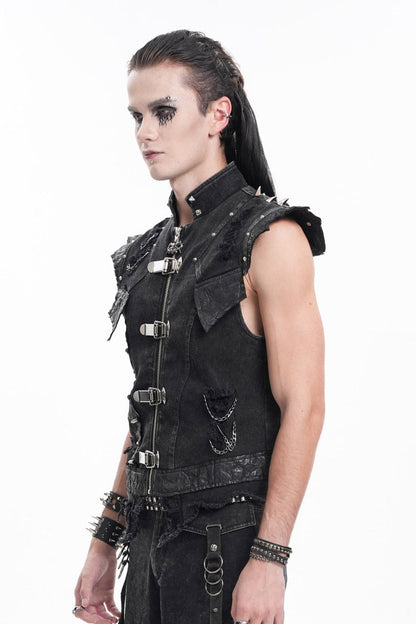 Black Stand Collar Sleeveless Rivets Chain Rings Men's Gothic Vest