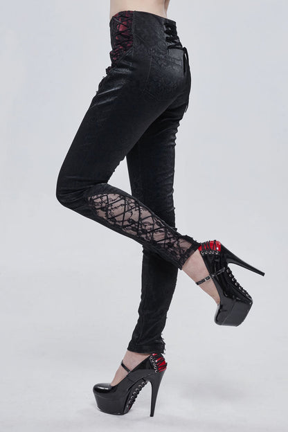 Black Textured Pattern Lace Decoration Metal Zipper Mid-High Waist Tie Women's Gothic Trousers