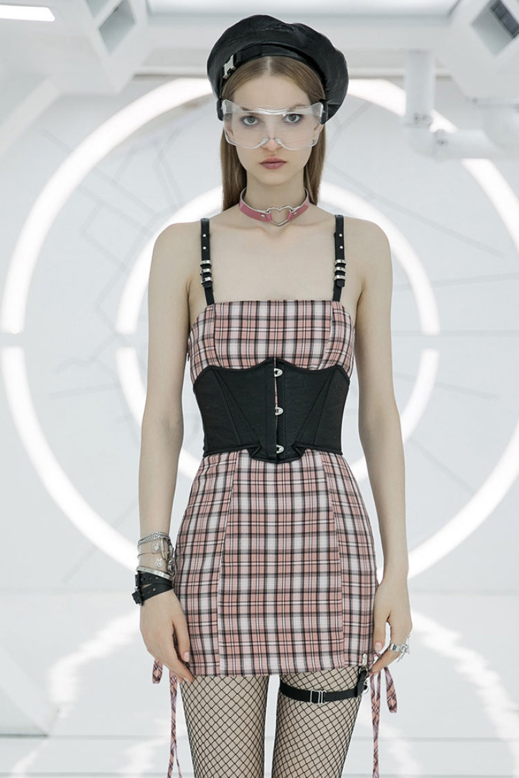 Plaid Print High Waisted Women's Punk Strap Dress 2 Colors