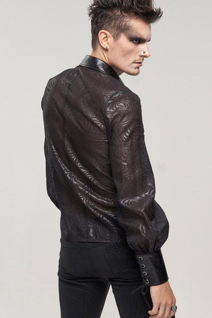 Black Punk Vertical Pattern Printing Cuff Drawstring Decoration See-Through Men's Shirt