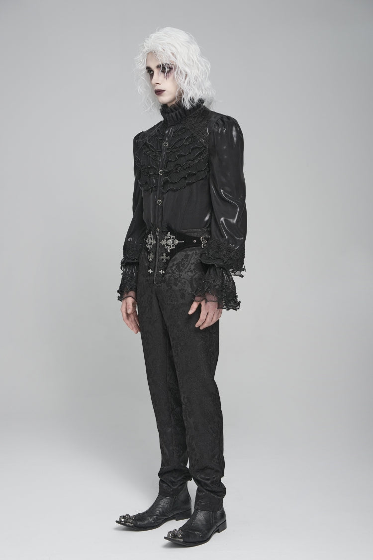 Black Stand Collar Long Puff Sleeves Embroidery Stitching Lace Men's Gothic Blouse