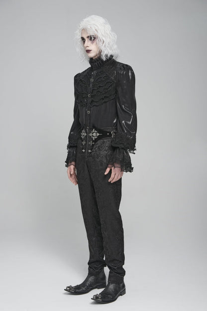 Black Stand Collar Long Puff Sleeves Embroidery Stitching Lace Men's Gothic Blouse