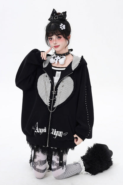 [Striped Bunny Ears] Long Sleeves Heart Print Embroidery Hooded Zipper Sweet Jirai Kei Cool Lolita Coat 2 Colors