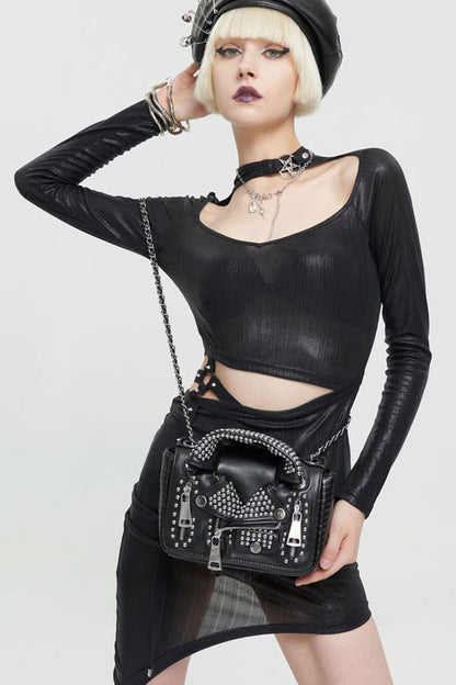 Black Punk Leather Imitation Collar Design Metal Rivet Zipper Women's Bag