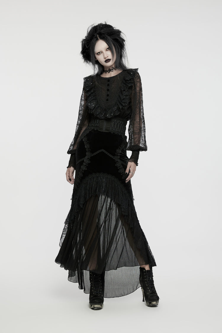 Black Round Collar Long Lantern Sleeves Ruffle Lace Women's Gothic Blouse
