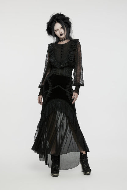 Black Round Collar Long Lantern Sleeves Ruffle Lace Women's Gothic Blouse