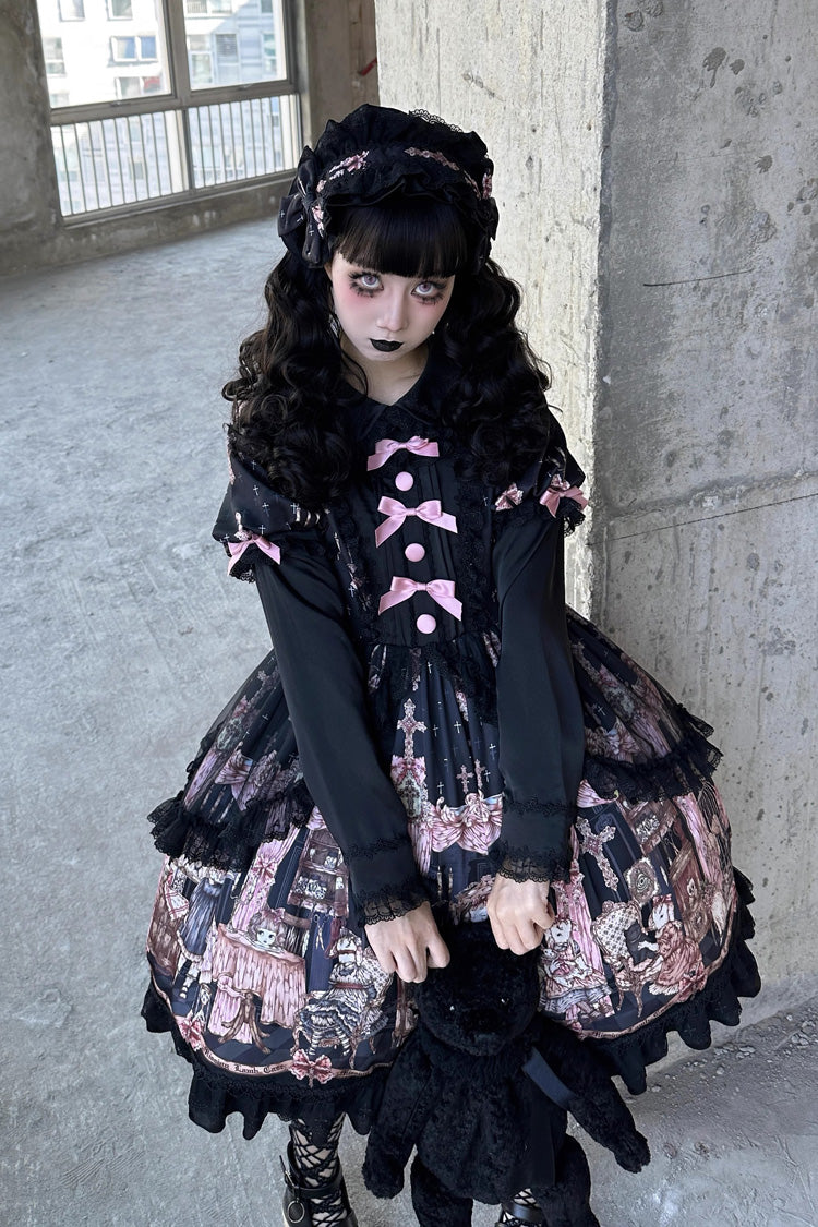 Black [The Case of the Missing Lamb] Print Long Sleeves Ruffle Bowknot Lace Gothic Lolita Dress