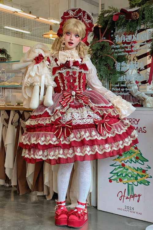 Red [Crown of Gems] Triple-Layered Ruffle Bowknot Lace Sweet Gorgeous Lolita Jsk Dress