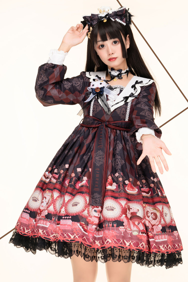 Black [Afternoon Fantasia] Long Sleeves Print Ruffle Bowknot Sweet Lolita Jsk Dress