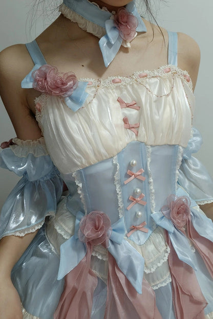 Blue [Heartbeat] Multi-Layered Ruffle Bowknot Lace Sweet Princess Lolita Jsk Dress