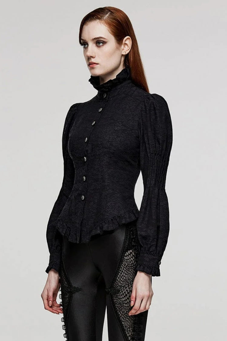 Black Stand Collar Long Puff Sleeves Ruffle Womens Gothic Blouse