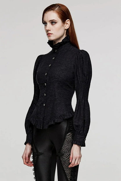 Black Stand Collar Long Puff Sleeves Ruffle Womens Gothic Blouse