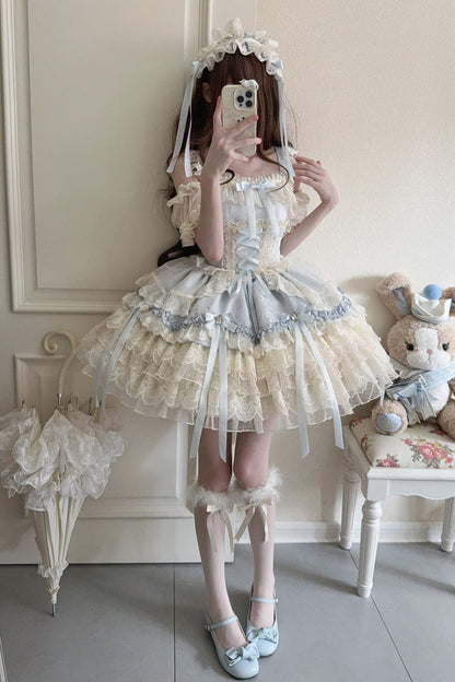 Blue [Ribbon Heart Love] Sleeveless Multi-Layered Ruffle Bowknot Lace Lace-Up Sweet Princess Ballet Lolita Jsk Dress