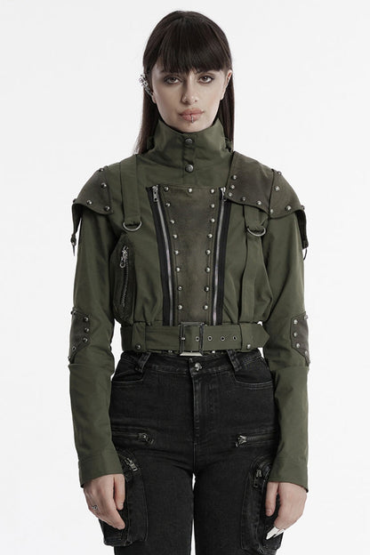 Green Stand Collar Long Sleeves Stitching Faux Leather Women's Gothic Military Jacket